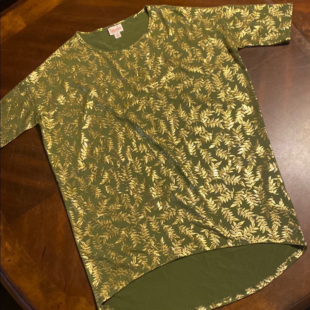 LuLaRoe Olive Green Top with Metallic Gold Leaf Print